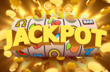 An illustration of slot reels emblazoned with the word ‘Jackpot’ and surrounded by flying gold coins 