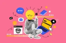 An illustration of a collage featuring a woman with a light bulb for a head surrounded by online icons