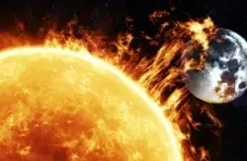 An illustration of the sun releasing intense solar flares toward the moon in space against a dark starry background