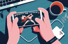 An illustrated image of a pair of hands playing a fighting game on the smartphone 