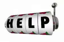 A digital slot wheel on a plain background with the word ‘HELP’ as the symbols.