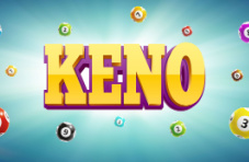A bold yellow keno banner with keno balls on a light blue background