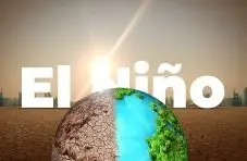 An illustration of a globe split between cracked drought and lush greenery, with "El Niño" text over a hazy skyline