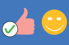A 2D illustration of a hand giving a thumbs up with a green tick and a yellow smiley face on a blue background