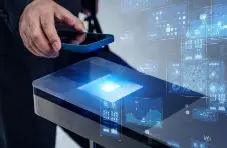 A digital payment technology concept illustration in hues of blue showing a smart phone used as a cashless payment method 