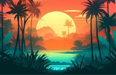 An illustration of a sunset on a tropical beach