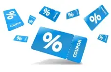 An illustration of blue coupons floating around with a big percentage sign on the coupon