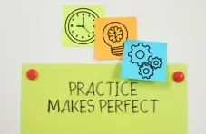 An image of sticky notes on board: 'Practice Makes Perfect' with clock, brain lightbulb, and gear icons, on a white background.