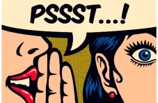 A colourful pop art style image of a woman whispering a secret into another woman’s ear with PSSST at the top