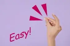 A photograph of a hand snapping fingers with pink motion lines and "Easy!" text on a purple background