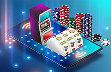 A 3D illustration of a slot machine and 3 reels on a smartphone next stacks of casino chips on a blue background