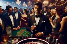 An AI-generated image of James Bond standing in front of a roulette wheel at a busy casino