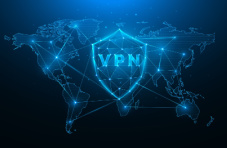 A Polygonal concept illustration of a global VPN network against a map of the continents in shades of blue