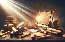An AI-generated image of ancient scrolls, old books and a computer displaying a parchment map on a sunlit wooden desk background
