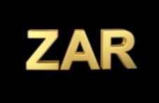 An image of the currency abbreviation ‘ZAR’ in bold golden letters isolated on black