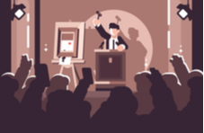 A 2D illustration of an auctioneer holding a gavel in front of a crowd of bidders