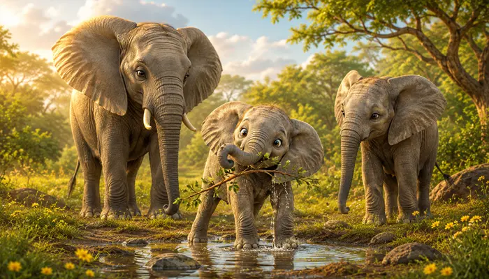 Baby elephant learning to use its trunk beside its family