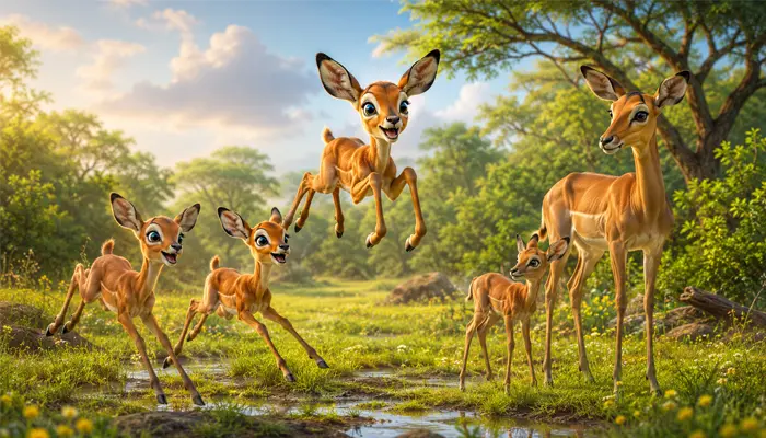 Playful impala lambs in the green South African bushveld