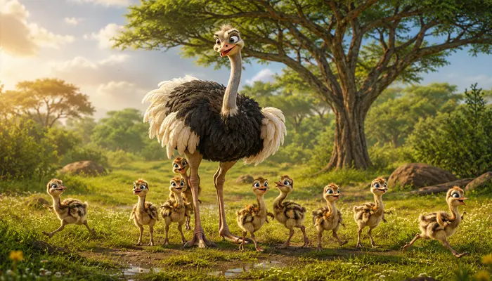 Ostrich father supervising a lively group of fluffy chicks
