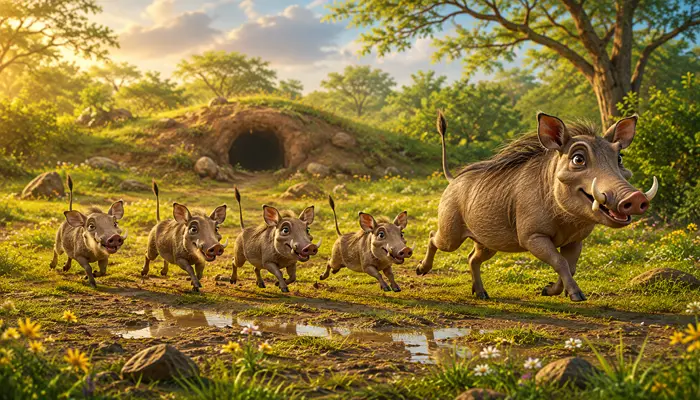 Warthog mother leading her playful piglets through the bushveld