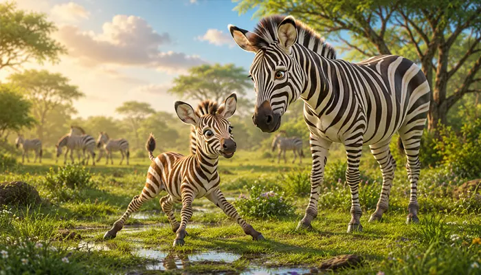 Young zebra foal taking its first wobbly steps beside its mother