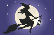 A black silhouette of a beautiful glamour witch on a broomstick with a full moon and stars behind her on a purple background