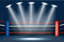 An illustration of a blue and red boxing ring with show lights and silhouettes of a crowd in the background