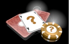 3D illustration of a casino chips and a deck of cards with one card facing up showing a question mark on a dark background