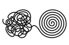 squiggly black line representing chaos turns in to back line in circles representing order