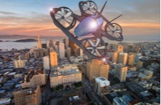An illustration of a concept flying car hovering over a city