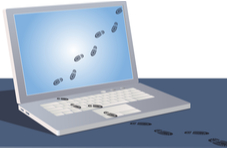 An illustrated image with digital footprints crossing a laptop screen and keyboard on a white and blue background