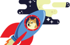 dogecoin logo in a space ship shooting upward