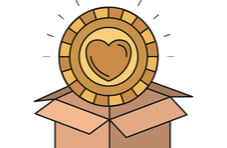 a drawing of a present that is open and a casino chip with a heart is coming out of it