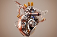 An illustration of a futuristic artificial heart manufactured from different types of metals