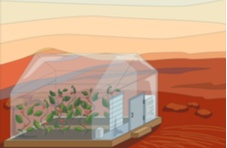 An illustrated image of a transparent greenhouse with plants growing in it on the red surface of Mars