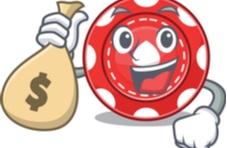 illustration of a happy poker chip holding a bag of money