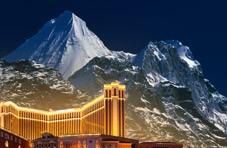 A stylised image of mountain peak towering over a Bellagio-like casino  