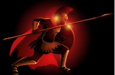 An illustration in hues of dark red of Achilles in a warrior stance holding a spear and shield on a black background 
