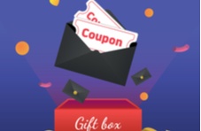 An graphic illustration of a black envelope containing two white coupons above a red gift box on a blue background