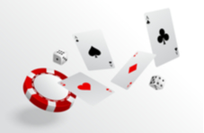 A 3D illustration of a casino chip, dice and suited ace playing cards floating on a white background
