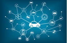 An illustration of a connected car in white on a blue background, surrounded by a wide range of features.