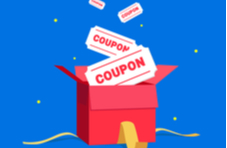 An illustration of an open red gift box with four white coupons coming out of it on a blue background.