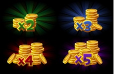 An illustration of four stacks of gold coins showing colourful bonus multipliers of X2, X3, X4, X5 on a dark background.