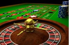 A 3D rendered image of a roulette wheel and betting table with stacks of casino chips with a dark background