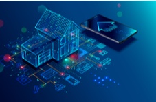 A 3D image of the digitalised outline of a smart home on a graphic representation, with a mobile phone screen-up next to it