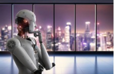 An intelligent humanoid robot staring thoughtfully over a city scene