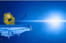 An image of the James Webb Space Telescope on a blue background with a bright white star 