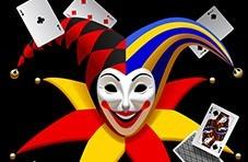 joker head with playing cards flying around