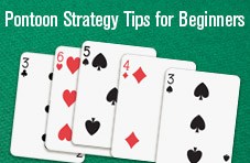 five large playing cards with a points total of 21 and the words ‘Pontoon Strategy Tips for Beginners’