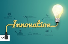 A lightbulb plugged into a wall sock with the word ‘Innovation’ created by the power cord on a turquoise background